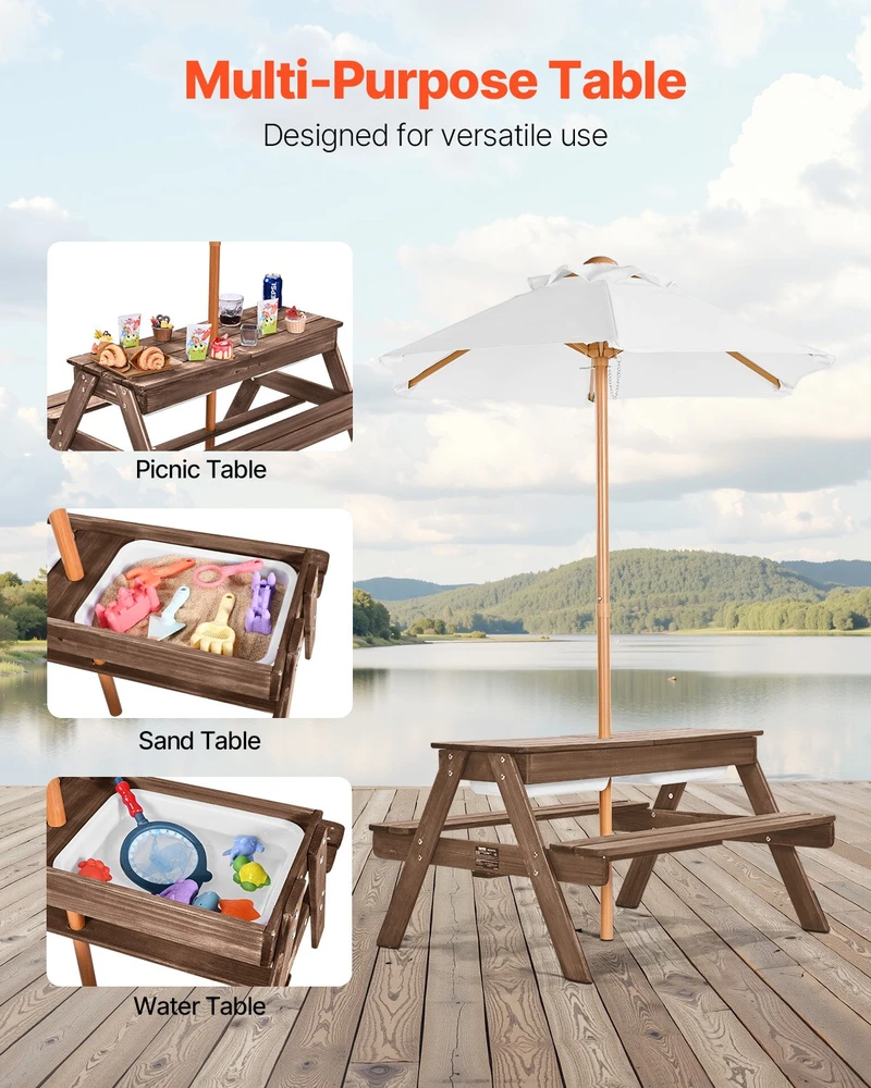 Lauko piknikų stalo su suolais komplektas. su skėčiu. 890 x 800 x 510 mm. riešuto sp.