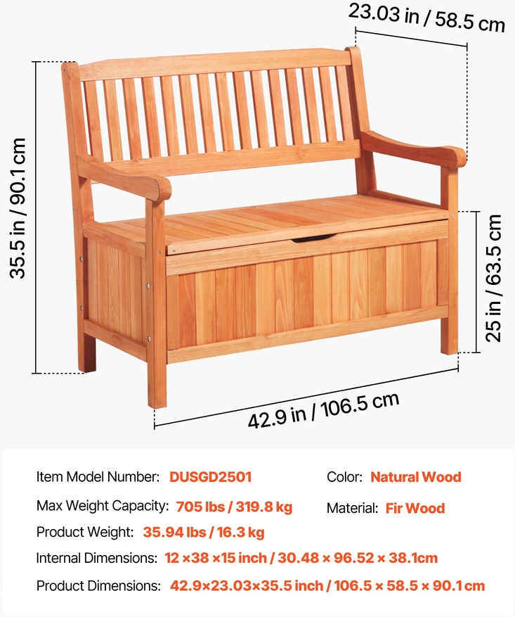Lauko sandėliavimo suolas iš kedro medienos 2 asmenims. talpa 150 l. apkrova 319.8kg