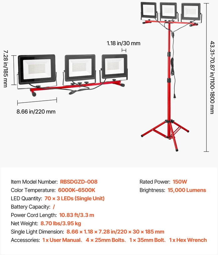 LED darbo lempa su trikoju 15000 lm nešiojama