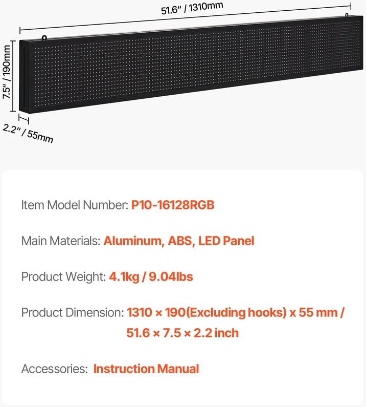 LED lankstus spalvotas ekranas P10. programuojamas. Bluetooth valdymas. 1310x190x55 mm