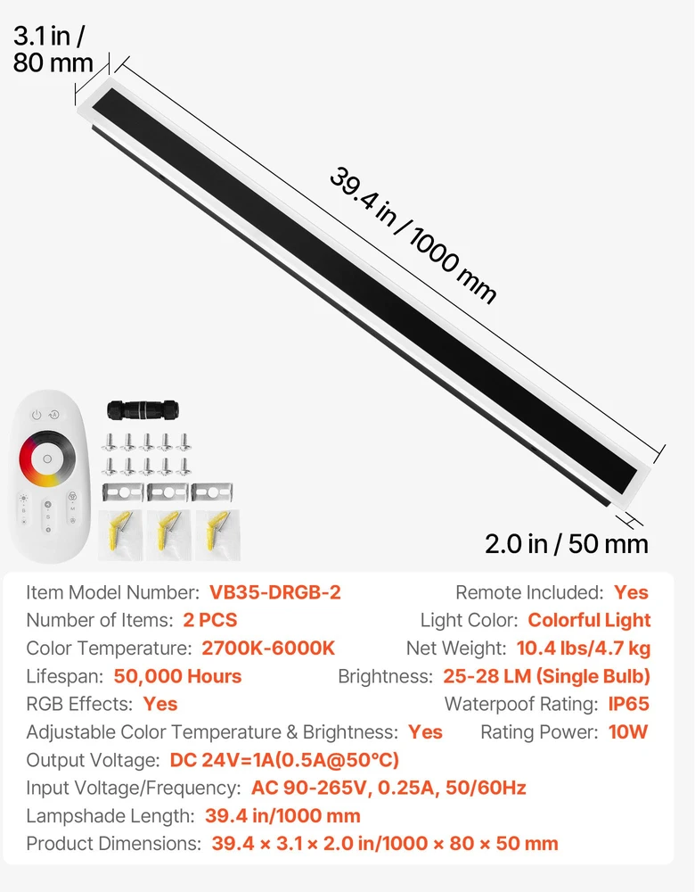 LED sieniniai lauko šviestuvai. 10 W. 2 vnt.. RGB 2700-6000K. IP65. 1000 mm