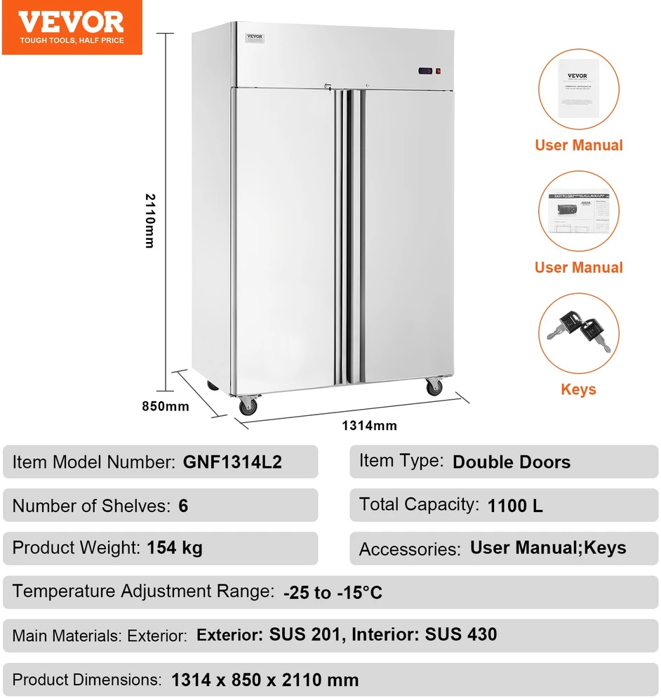Ledo / šaldymo įranga talpa 1252 l 1382 x 800 x 2110 mm