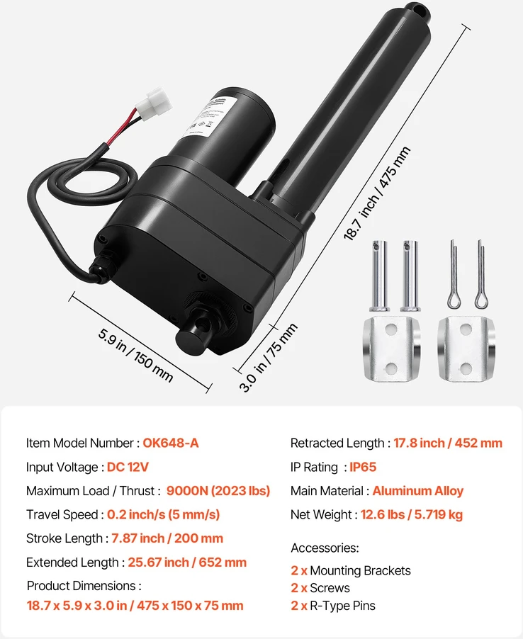 Linijinis pavaros aktuatorius 12V. eiga 200 mm. jėga 9000 N. IP65
