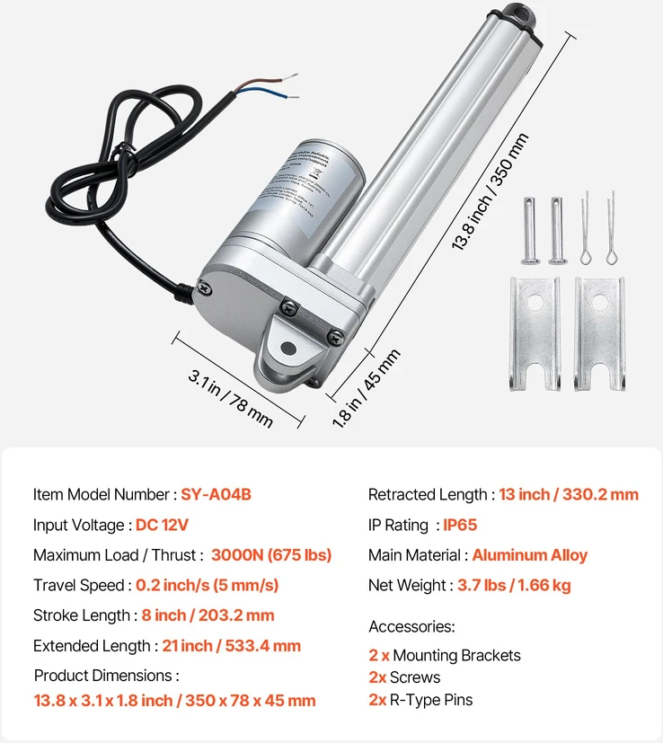 Linijinis pavaros stūmoklis 12V. IP65. eiga 203.2 mm. jėga 3000 N