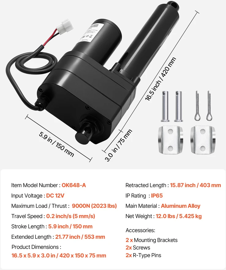 Linijinis stūmoklis 12V. eiga 150 mm. jėga 9000 N. IP65. su tvirtinimo laikikliais