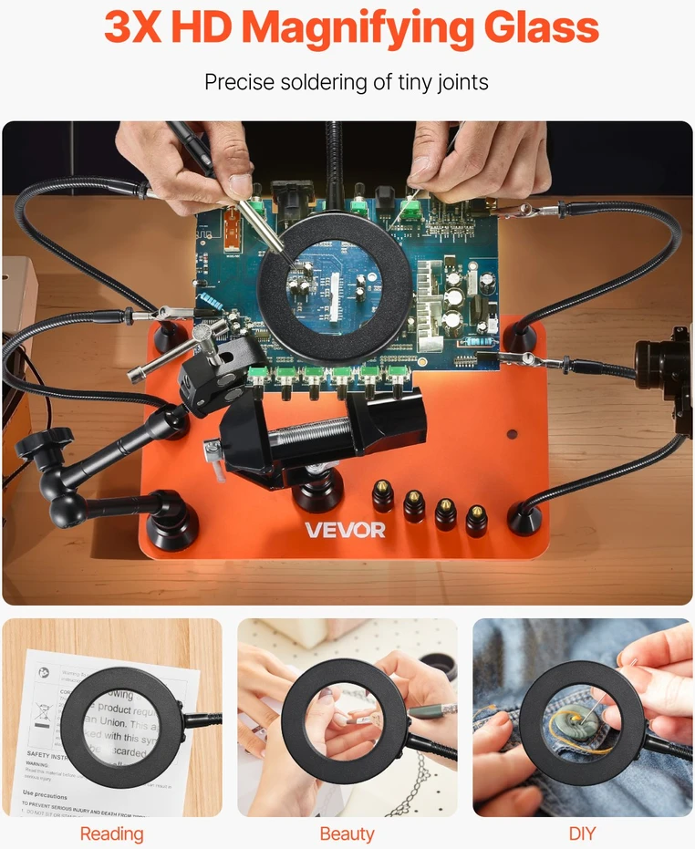Magnetinė trečioji ranka suvirinimui 4 lankstūs strypai LED lupa
