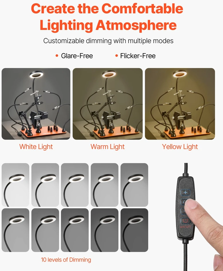 Magnetinė trečioji ranka suvirinimui 4 lankstūs strypai LED lupa