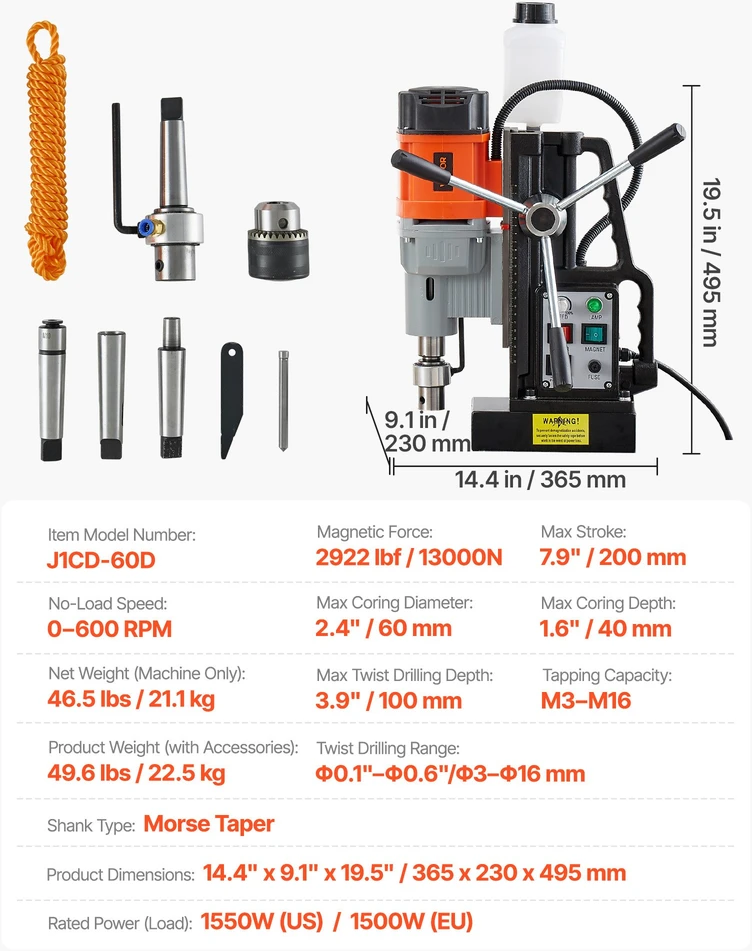 Magnetinis gręžimo staklė (karotažinis grąžtas) 1550 W gręžimo skersmuo 60 mm