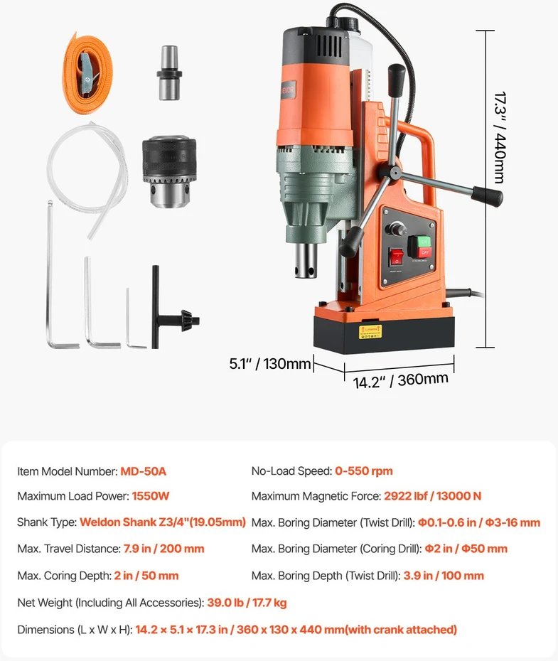 Magnetinis gręžimo staklė (karotažinis grąžtas) 1550 W gręžimo skersmuo 50 mm