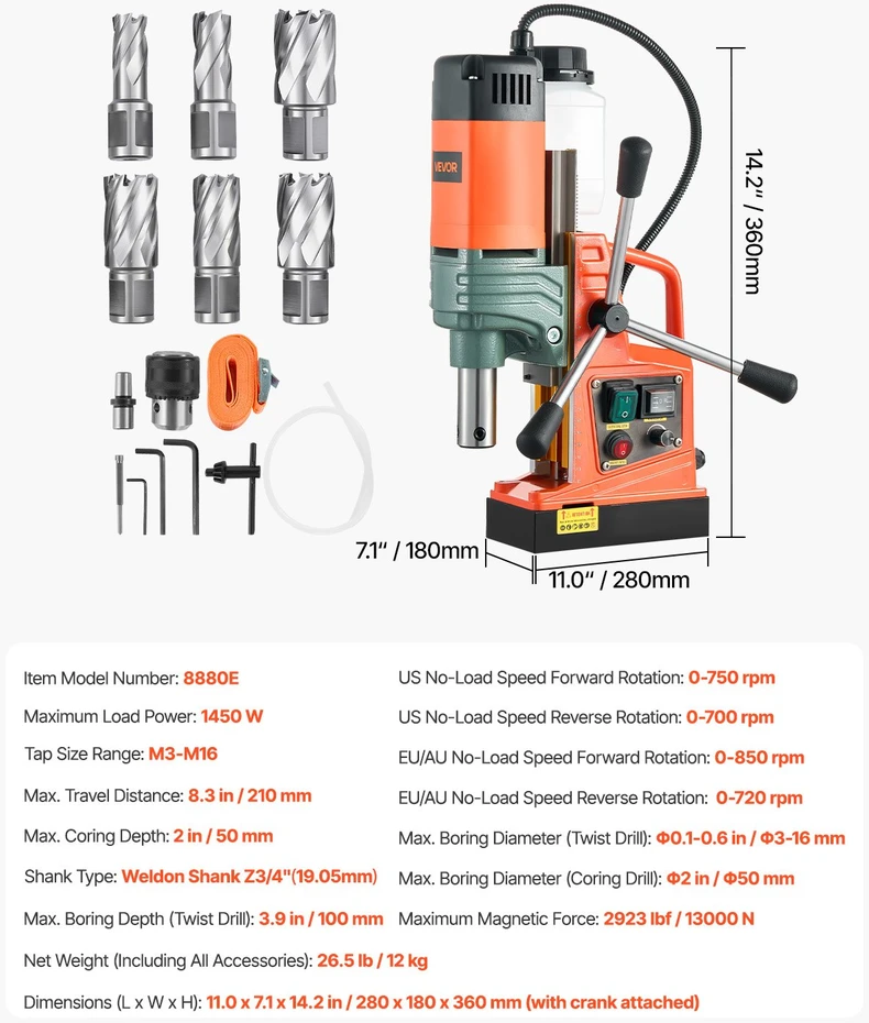 Magnetinis gręžimo staklė (karotažinis grąžtas) 1450 W gręžimo skersmuo 50 mm