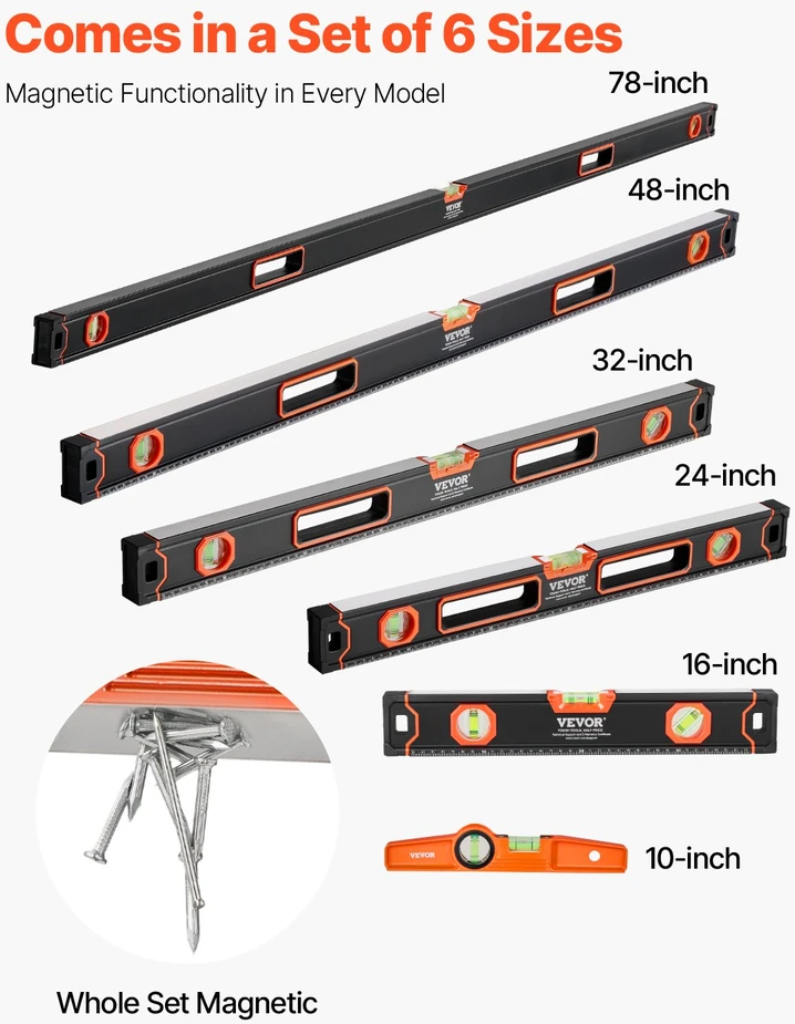 Magnetinių gulsčiukų komplektas 6 vnt. 250/400/600/800/1200/2000mm