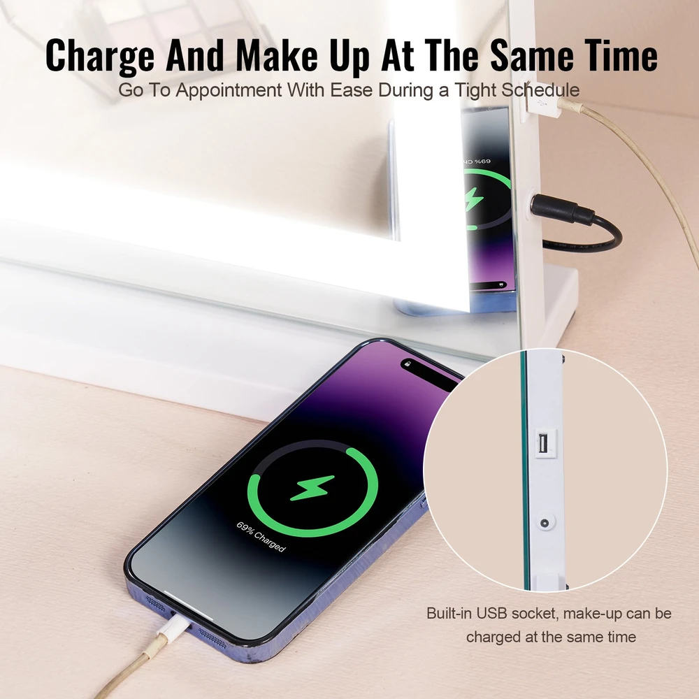Makiažo veidrodis su LED apšvietimu ir USB jungtimi. 5X didinimas. sukasi 360°. 797x547 mm