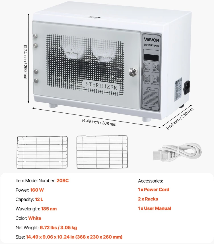 Manikiūro įrankių sterilizatorius. 12 L. 160 W. UV 185 nm. baltas