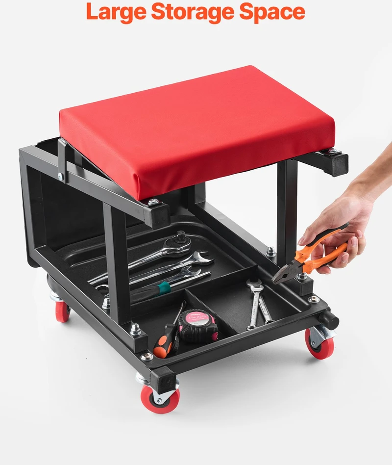 Mechaniko taburetė su ratukais. keliamoji galia 136 kg. sukasi 360°. su įrankių padėklu. juoda