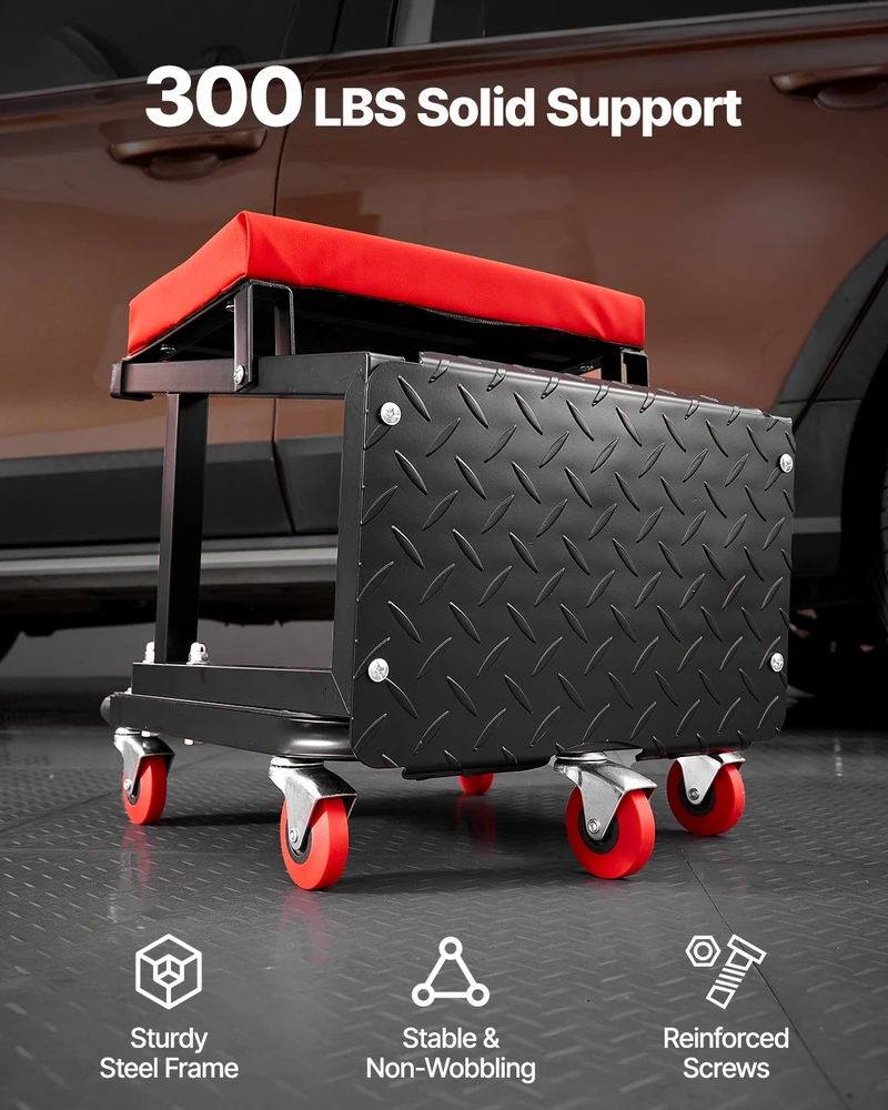 Mechaniko taburetė su ratukais. keliamoji galia 136 kg. sukasi 360°. su įrankių padėklu. juoda