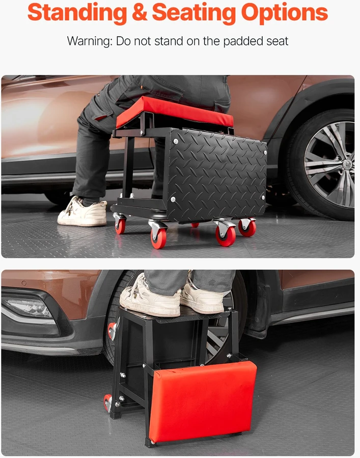 Mechaniko taburetė su ratukais. keliamoji galia 136 kg. sukasi 360°. su įrankių padėklu. juoda