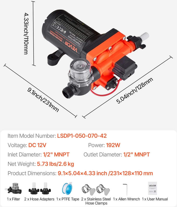 Membraninis vandens siurblys 12 V. 18.9 l/min. savisiurbis. 4 kamerų. slėgis iki 70 PSI