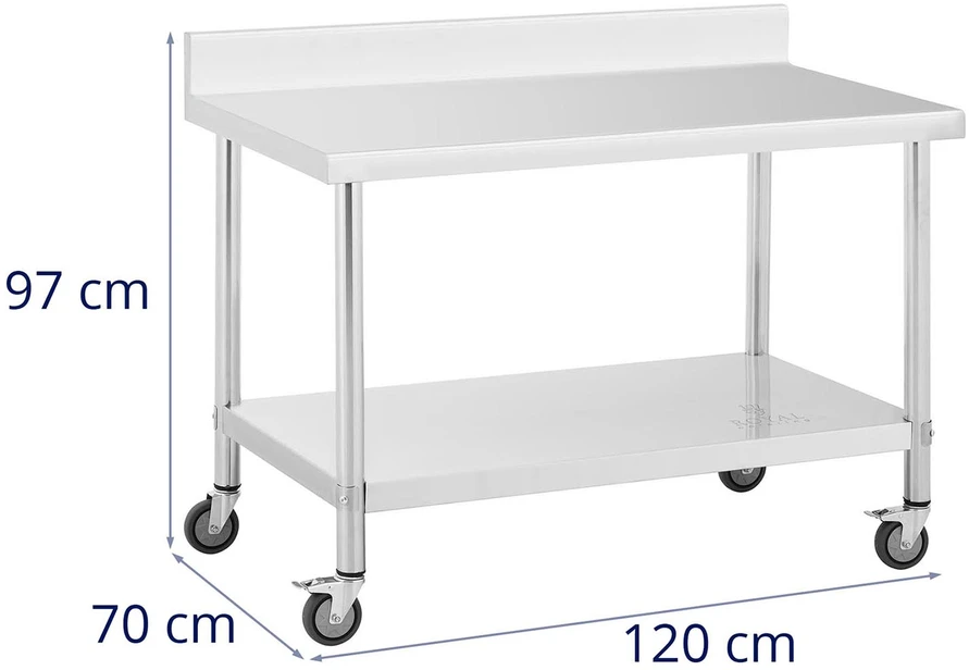 Metalinis gastronominis stalas su lentyna ir kraštu 70 x 120 cm