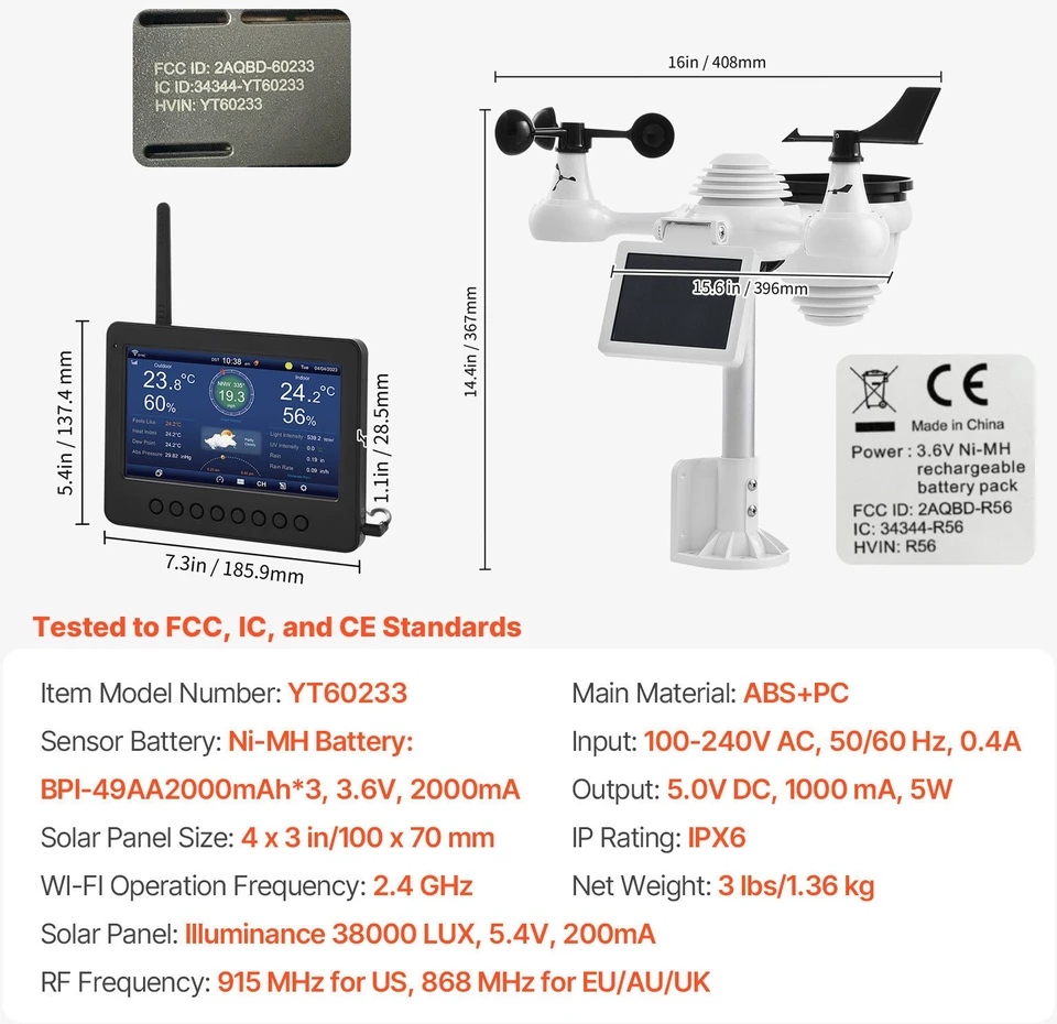 Meteorologinė stotelė. WiFi. 7 in 1. 186 mm (7 col.) TFT ekranas. belaidis lauko jutiklis