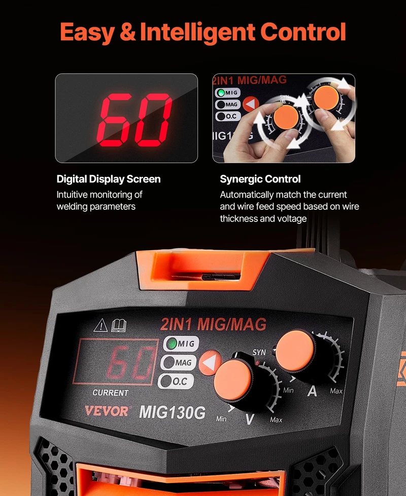 MIG suvirinimo aparatas 130A daugiaprocesis su dujomis/be dujų 2 in 1
