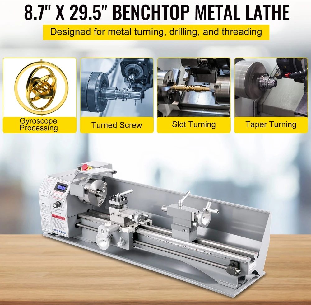 Mini tekinimo staklės metalui 1100W verpstės skersmuo 125mm siūbuojantis stalas 220mm
