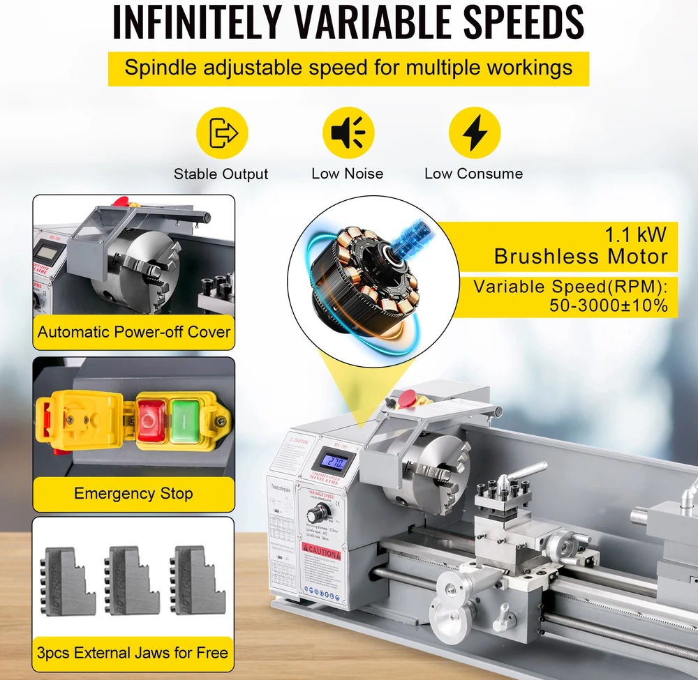 Mini tekinimo staklės metalui 1100W verpstės skersmuo 125mm siūbuojantis stalas 220mm