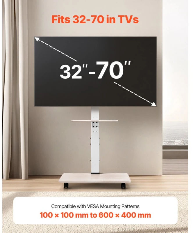 TV staliukas Mobilus TV stovas su ratukais 32-70 colių ekranams reguliuojamas aukštis su lentyna iki 40 kg