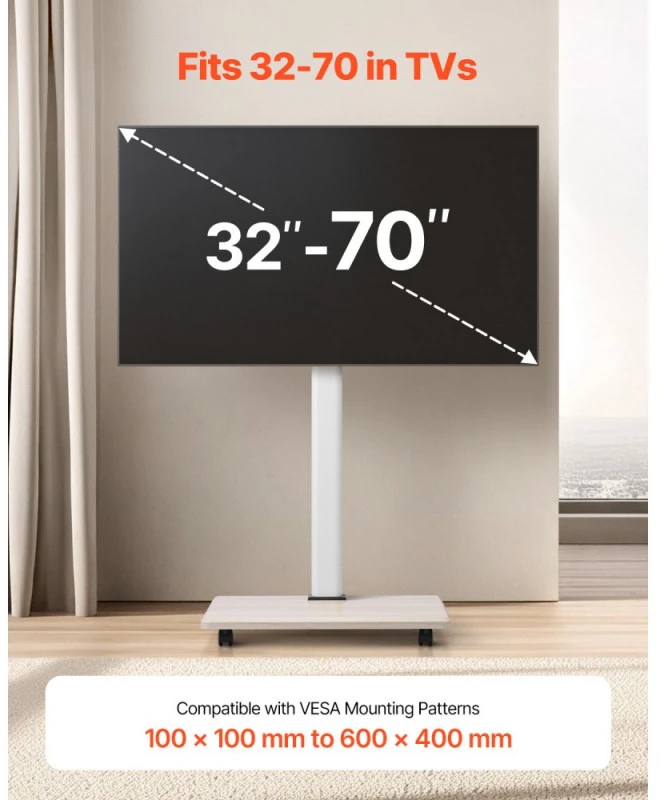 Laikiklis Mobilus TV stovas su ratukais 32-70 colių ekranams reguliuojamas aukštis iki 45 kg
