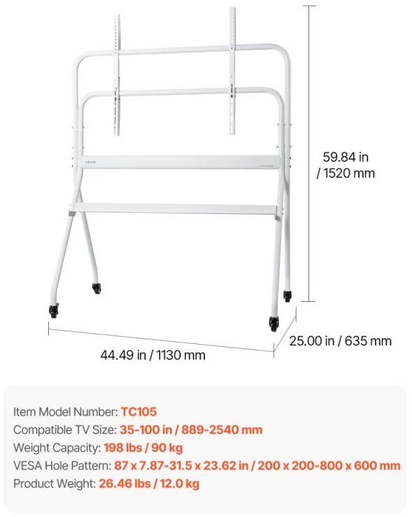 Laikiklis Mobilus TV stovas su ratukais 35-100 colių ekranams iki 90 kg