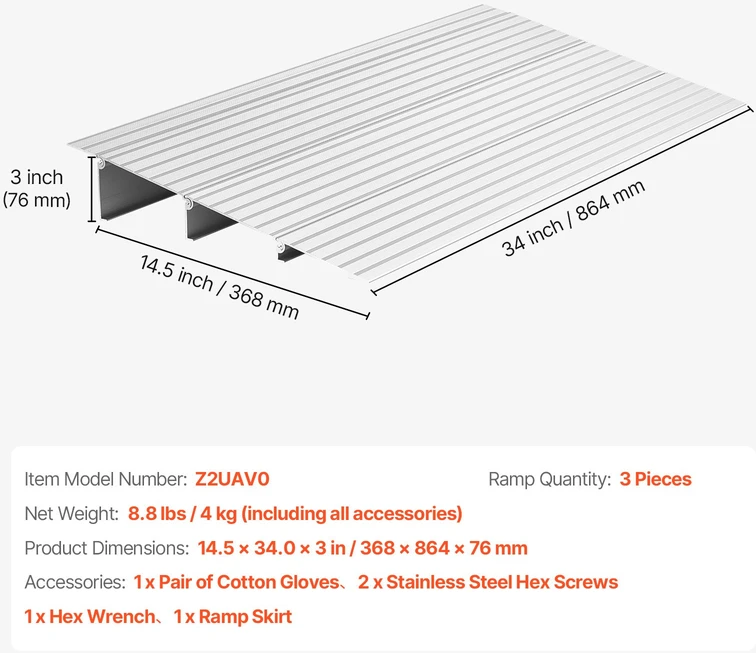 Moduliniai reguliuojami aliuminio slenksčio pandusai 423 x 864 x 87 mm. apkrova 360 kg