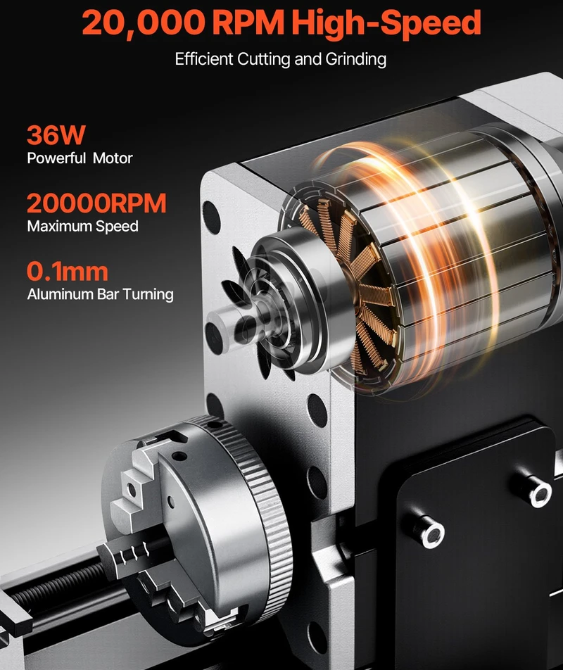 Mokomosios mini tekinimo staklės metalui 36W greitis iki 20000 aps/min su 3 žandų griebtuvu