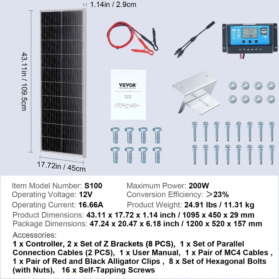 Monokristalinių saulės skydelių rinkinys 2x100W su įkrovimo reguliatoriumi. IP68