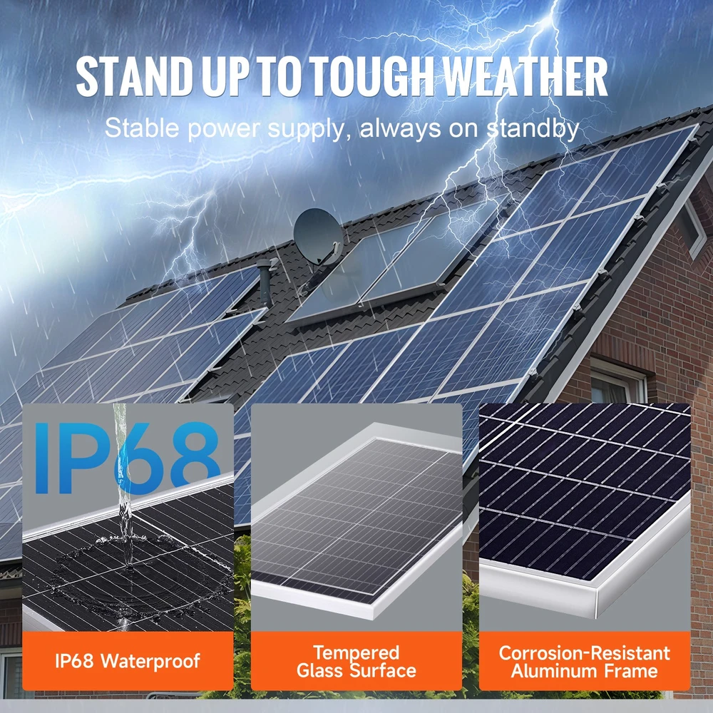 Monokristalinių saulės skydelių rinkinys 2x100W su įkrovimo reguliatoriumi. IP68