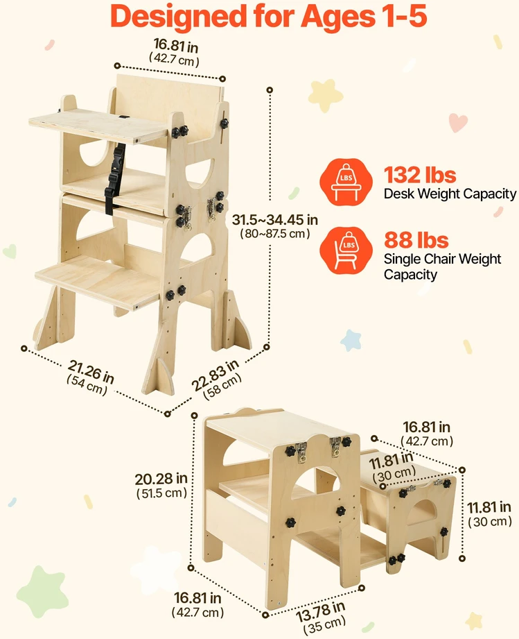 Montessori mokymosi bokštelis su stalu ir kėde. lentele ir atlošu. medinis