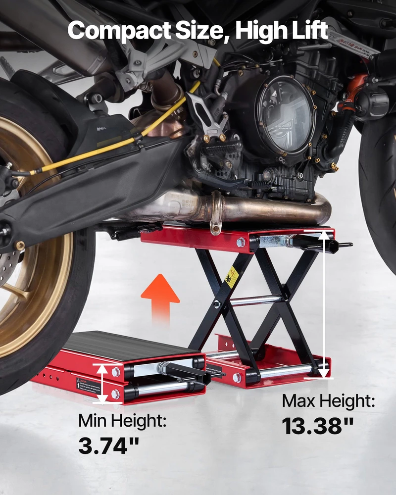 Motociklo žirklinis keltuvas kompaktiška platforma apkrova 499 kg eiga 95-34 cm