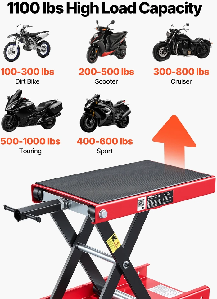 Motociklo žirklinis keltuvas kompaktiška platforma apkrova 499 kg eiga 95-34 cm