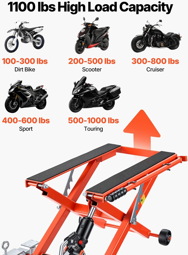 Motociklo žirklinis keltuvas su pedalu apkrova 499 kg eiga 12-358 cm