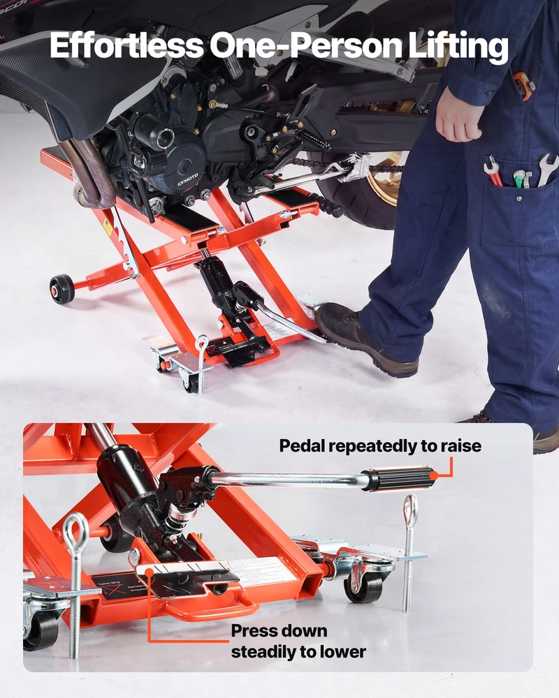 Motociklo žirklinis keltuvas su pedalu apkrova 499 kg eiga 12-358 cm