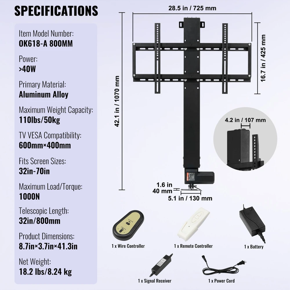 Motorizuotas lubinis TV laikiklis. 800 mm. ekranams iki 152 cm (60 col.)