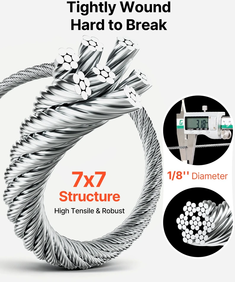 Nerūdijančio plieno 316 lynas 3,18 mm x 305 m, trūkio jėga 7,1 kN, 7x7 vijų, su žirklėmis ir pirštinėmis