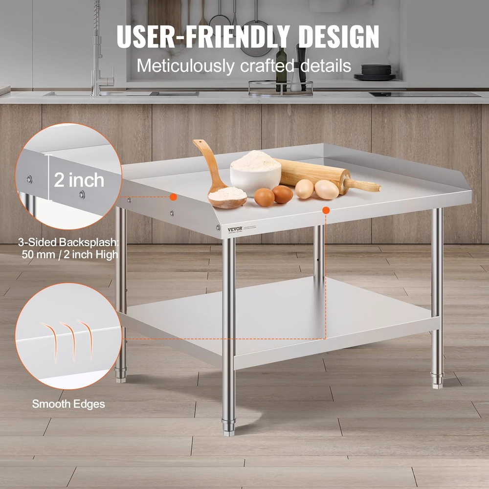 Nerūdijančio plieno darbo stalas 762x914x660 mm. su bortu 3 pusėse. reguliuojamas aukštis. restoranams