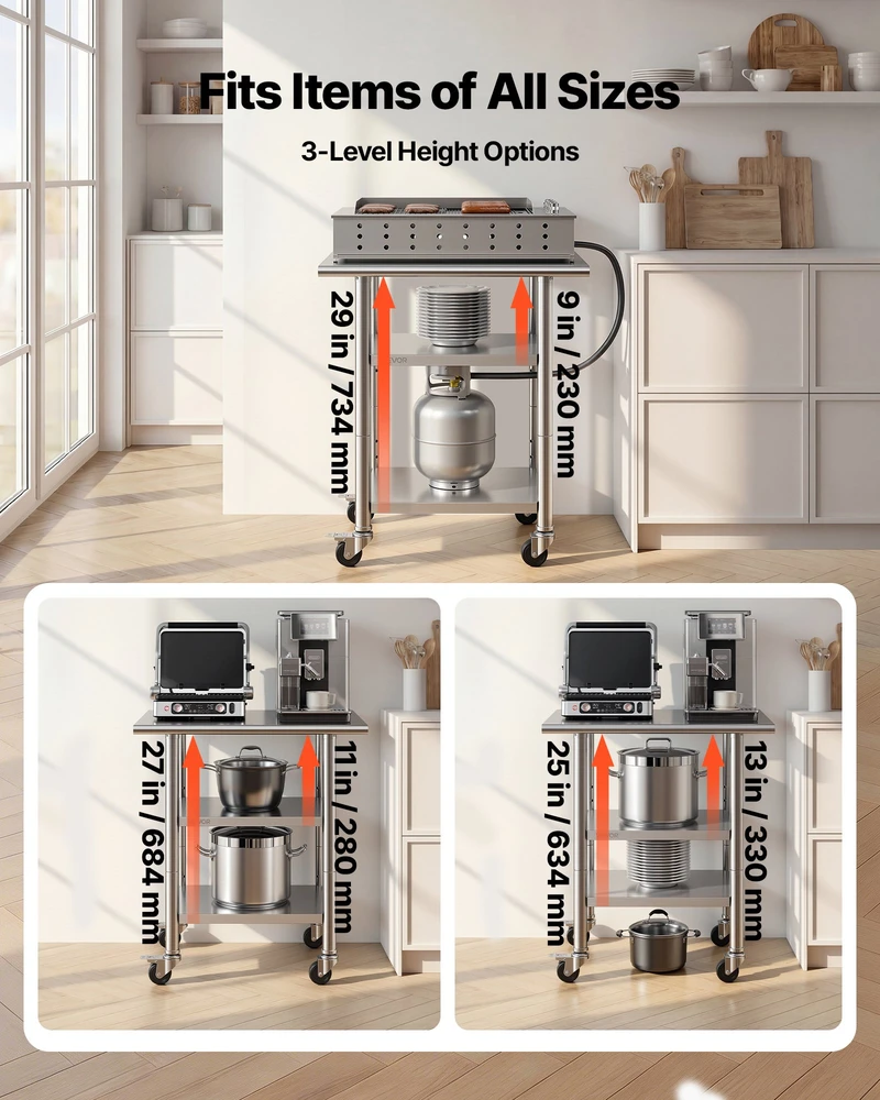 Nerūdijančio plieno darbo stalas su 3 lentynomis ir ratukais 762 x 610 x 864 mm. iki 227 kg