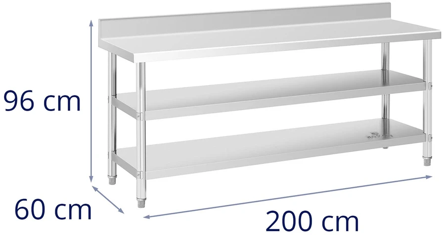 Nerūdijančio plieno darbo stalas su atbraila 2 lentynos 200 x 60 cm