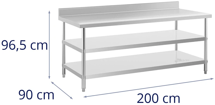 Nerūdijančio plieno darbo stalas su atbraila 2 lentynos 200 x 90 cm