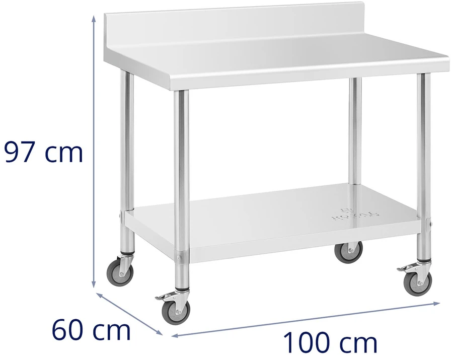 Nerūdijančio plieno darbo stalas su ratukais ir atbraila 100 x 60 cm 155 kg