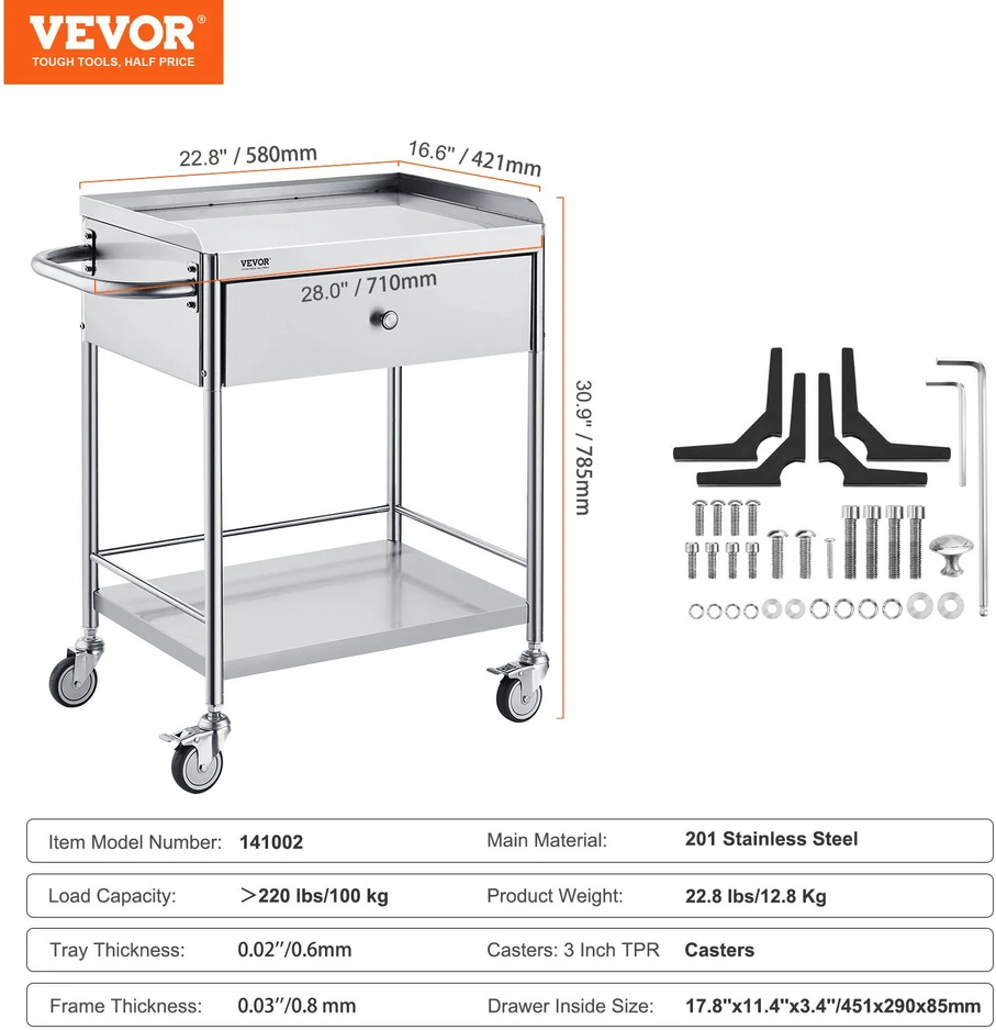 Nerūdijančio plieno laboratorinis vežimėlis. 2 lentynos. apkrova iki 100 kg. 710x421x785 mm