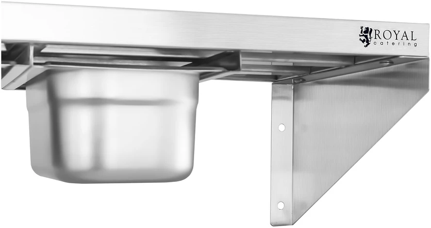 Nerūdijančio plieno sieninė lentyna su GN1/6 indais sidabro spalva