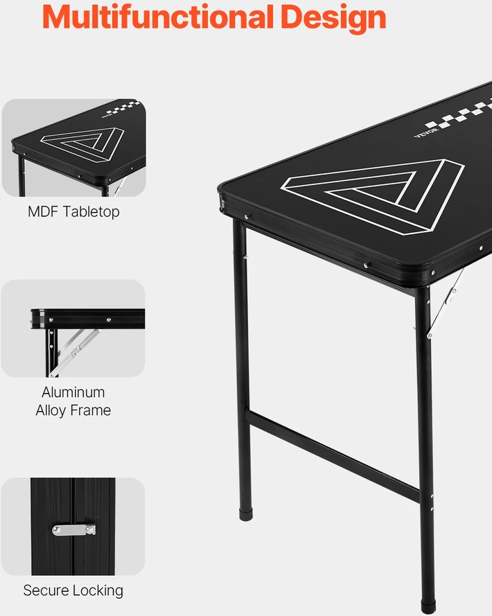 Nešiojamas alaus pongo (beer pong) stalas. 2.4 m. sulankstomas. su 6 kamuoliukais. juodas