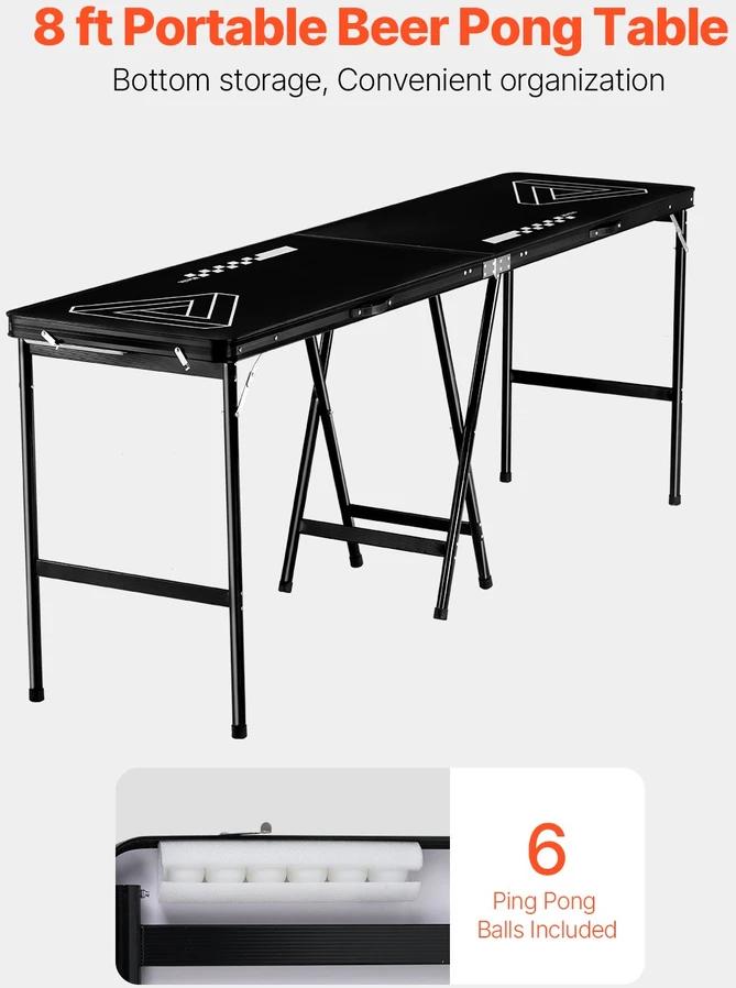 Nešiojamas alaus pongo (beer pong) stalas. 2.4 m. sulankstomas. su 6 kamuoliukais. juodas