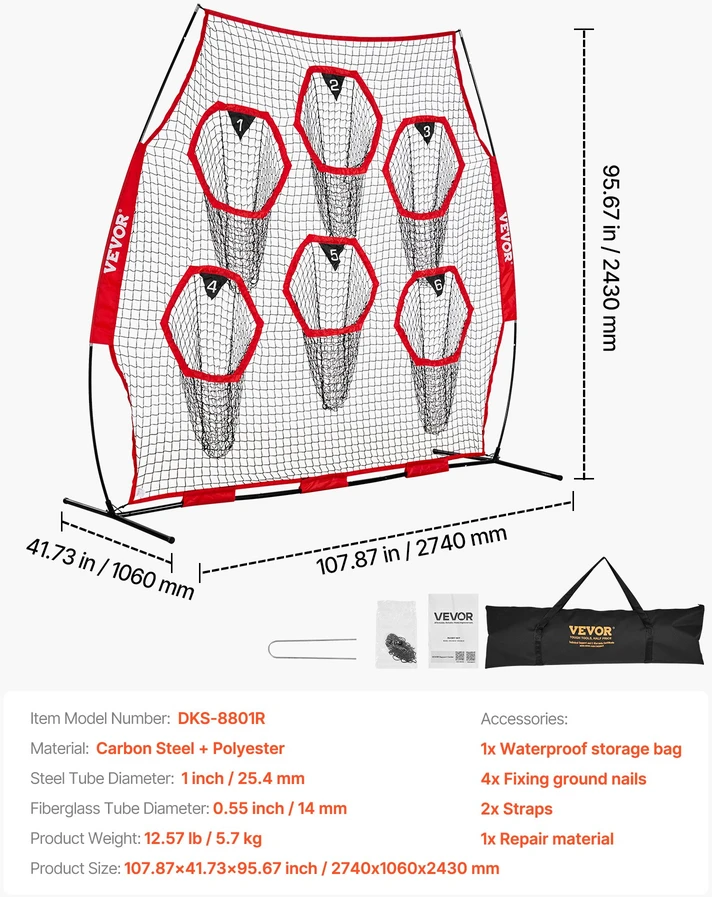 Nešiojamas atmušimo tinklas treniruotėms (futbolas. regbis. beisbolas). 274x106x243 cm. raudonas